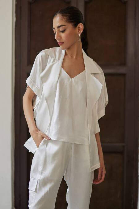 Buy_Betrue_White Modal, Silk V-neck, Collared Side Gathered Jacket Pant Set _Online_at_Aza_Fashions