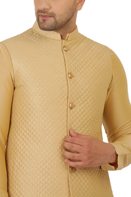 Buy_Manish Nagdeo_Gold Silk, Cotton Quilted Bundi Jacket Set _Online_at_Aza_Fashions
