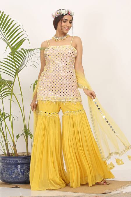 Buy_Nitisha Kashyap Official_Peach Georgette, Net, Silk Beads, Sequins, Embroidered Kurta And Gharara Set _Online_at_Aza_Fashions