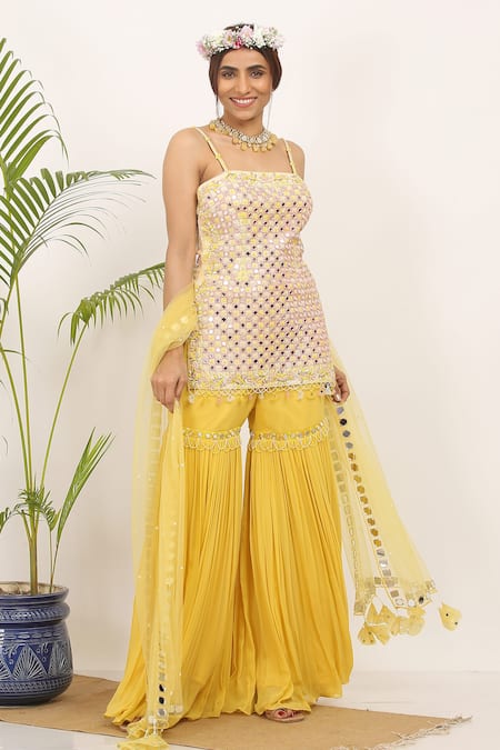Shop_Nitisha Kashyap Official_Peach Georgette, Net, Silk Beads, Sequins, Embroidered Kurta And Gharara Set _Online_at_Aza_Fashions