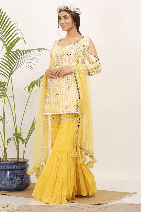 Buy_Nitisha Kashyap Official_Peach Net, Georgette, Silk Sequins, Cold Shoulder Embroidered Kurta Gharara Set _Online_at_Aza_Fashions