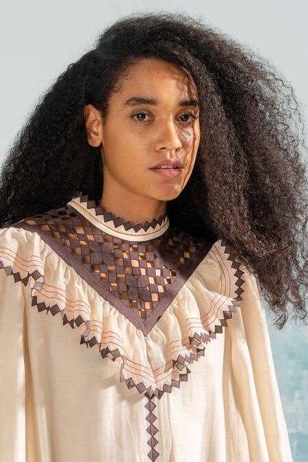 Ikai By Ragini Ahuja_Beige Chanderi, Cotton Embroidery, Applique High Nile Yoke Cut-work Maxi Dress_Online_at_Aza_Fashions