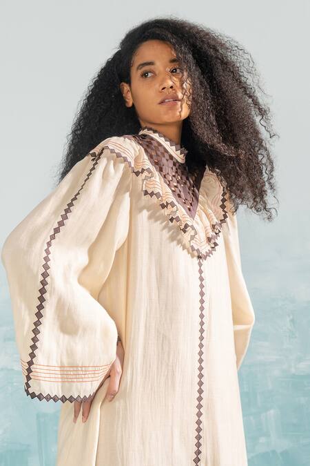 Buy_Ikai By Ragini Ahuja_Beige Chanderi, Cotton Embroidery, Applique High Nile Yoke Cut-work Maxi Dress_Online_at_Aza_Fashions