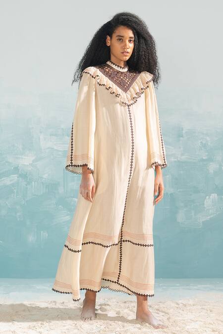 Shop_Ikai By Ragini Ahuja_Beige Chanderi, Cotton Embroidery, Applique High Nile Yoke Cut-work Maxi Dress_Online_at_Aza_Fashions