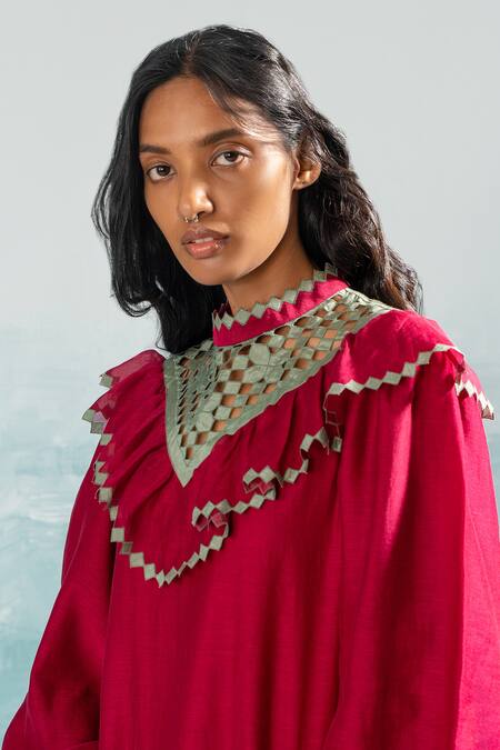 Ikai By Ragini Ahuja_Pink Chanderi, Cotton Embroidery High Neck Nile Yoke Cut-work Frilled Dress_Online_at_Aza_Fashions