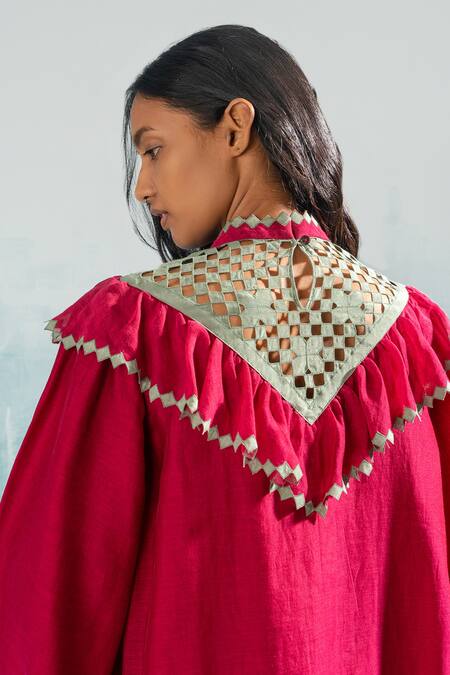 Buy_Ikai By Ragini Ahuja_Pink Chanderi, Cotton Embroidery High Neck Nile Yoke Cut-work Frilled Dress_Online_at_Aza_Fashions