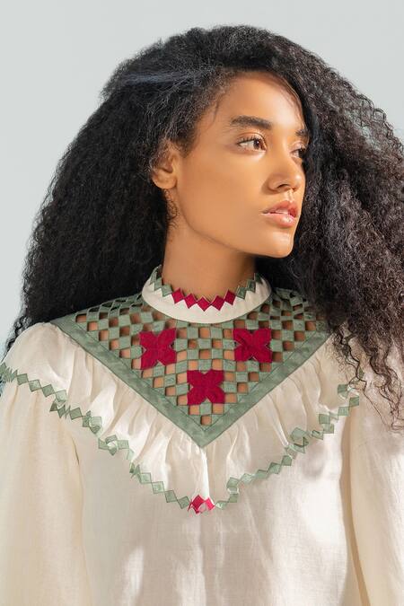 Ikai By Ragini Ahuja Ivory Cotton Applique, Cut Work High Neck Nile Yoke Cut-work Top Online at Aza Fashions Ikai By Ragini Ahuja_Ivory Cotton Applique, Cut Work High Neck Nile Yoke Cut-work Top_Online_at_Aza_Fashions