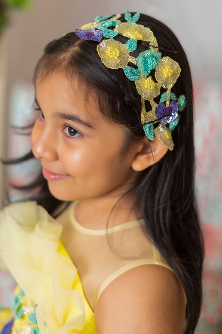 Lil Angels_Yellow Net, Cotton Sequins Gown With Embroidered Flowers _Online_at_Aza_Fashions