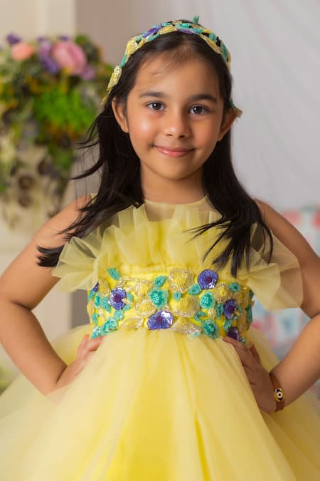Buy_Lil Angels_Yellow Net, Cotton Sequins Gown With Embroidered Flowers _Online_at_Aza_Fashions
