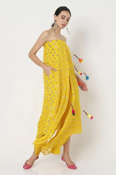 Buy_Style Junkiie_Yellow Georgette Tassels, Diamonds Square Neck Tile Embroidered Jumpsuit _Online_at_Aza_Fashions