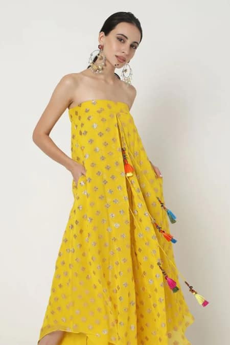 Style Junkiie_Yellow Georgette Tassels, Diamonds Square Neck Tile Embroidered Jumpsuit _Online_at_Aza_Fashions