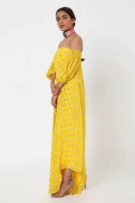 Style Junkiie_Yellow Georgette Tassels, Embroidery Off-shoulder Off Sleeve Buti Jumpsuit _Online_at_Aza_Fashions
