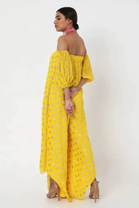 Buy_Style Junkiie_Yellow Georgette Tassels, Embroidery Off-shoulder Off Sleeve Buti Jumpsuit _Online_at_Aza_Fashions