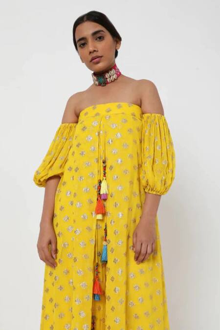 Shop_Style Junkiie_Yellow Georgette Tassels, Embroidery Off-shoulder Off Sleeve Buti Jumpsuit _Online_at_Aza_Fashions