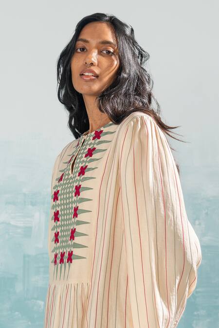 Ikai By Ragini Ahuja_Beige Chanderi, Cotton Applique, Cut Work Round Neck Nile Yoke Gathered Dress_Online_at_Aza_Fashions