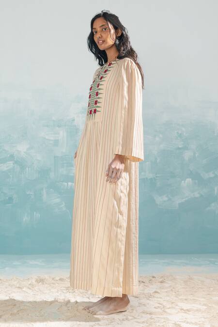 Buy_Ikai By Ragini Ahuja_Beige Chanderi, Cotton Applique, Cut Work Round Neck Nile Yoke Gathered Dress_Online_at_Aza_Fashions
