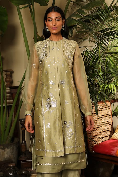 Sahil Kochhar_Green Organza Net Embroidery Checkered Round Yaashi Sequin Kurta  _Online_at_Aza_Fashions