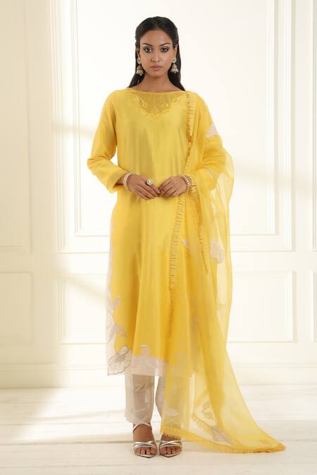 Omana By Ranjana Bothra Yellow Chanderi, Organza Embroidery, Applique Boat Neck Farah Kurta Set Online at Aza Fashions Omana By Ranjana Bothra_Yellow Chanderi, Organza Embroidery, Applique Boat Neck Farah Kurta Set _Online_at_Aza_Fashions
