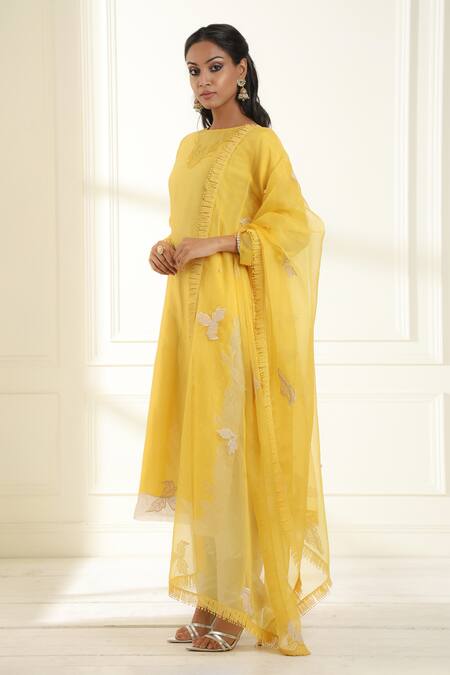 Omana By Ranjana Bothra Yellow Chanderi, Organza Embroidery, Applique Boat Neck Farah Kurta Set at Aza Fashions Omana By Ranjana Bothra_Yellow Chanderi, Organza Embroidery, Applique Boat Neck Farah Kurta Set _at_Aza_Fashions