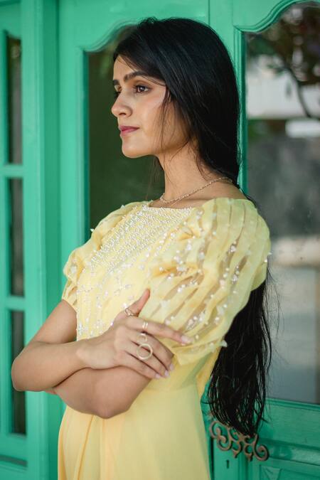 PIRI INDIA_Yellow Organza, Silk Embroidery Boat Neck Bodice Sequins Jumpsuit _Online_at_Aza_Fashions