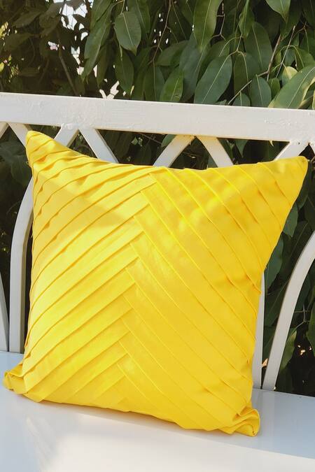 Shop_Throwpillow_Yellow Blend Of Cotton And Polyester Pleated Cushion Pillowcase_Online_at_Aza_Fashions