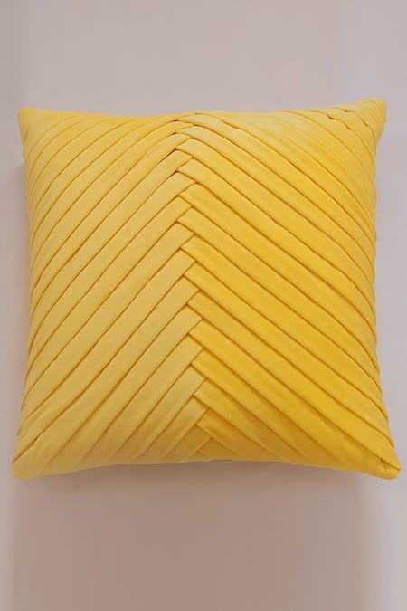Shop_Throwpillow_Yellow Blend Of Cotton And Polyester Pleated Cushion Cover_Online_at_Aza_Fashions