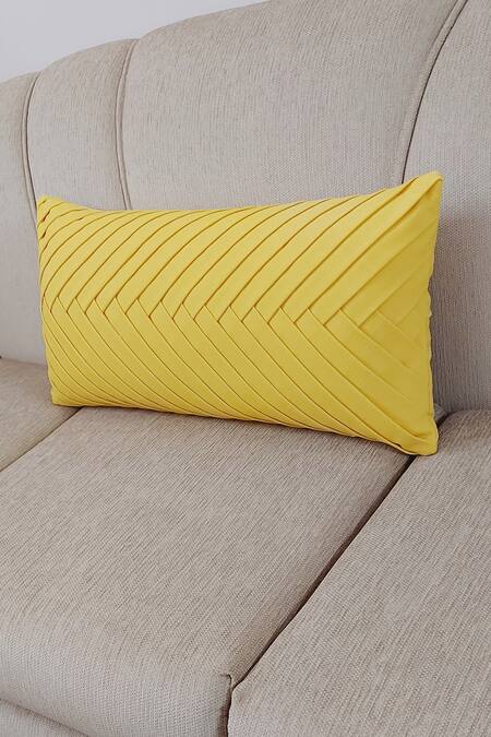 Throwpillow_Yellow Blend Of Cotton And Polyester Pleated Cushion Cover_Online_at_Aza_Fashions