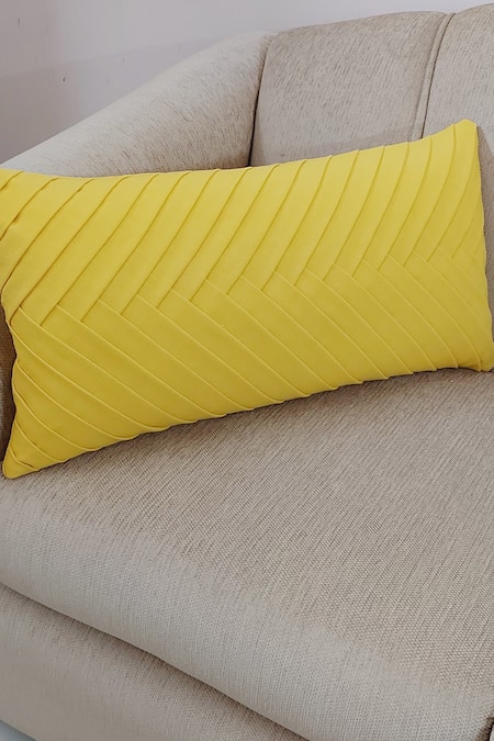 Shop_Throwpillow_Yellow Blend Of Cotton And Polyester Pleated Cushion Cover_Online_at_Aza_Fashions