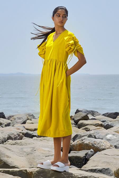 Buy_MATI_1_Yellow Cotton V-neck Ruffled Sleeve Midi Dress_Online_at_Aza_Fashions