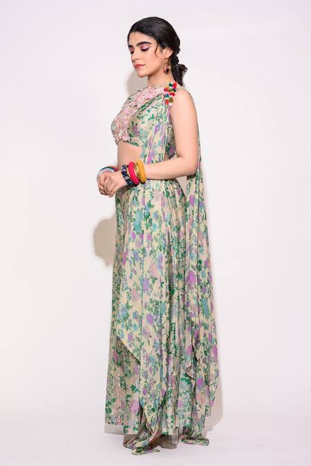 Buy Aangan By Parul Green Silk Embroidery Round Neck Floral Print Crop Top Palazzo Set Online at Aza Fashions Buy_Aangan By Parul_Green Silk Embroidery Round Neck Floral Print Crop Top Palazzo Set _Online_at_Aza_Fashions