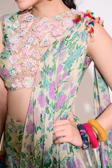 Shop Aangan By Parul Green Silk Embroidery Round Neck Floral Print Crop Top Palazzo Set Online at Aza Fashions Shop_Aangan By Parul_Green Silk Embroidery Round Neck Floral Print Crop Top Palazzo Set _Online_at_Aza_Fashions