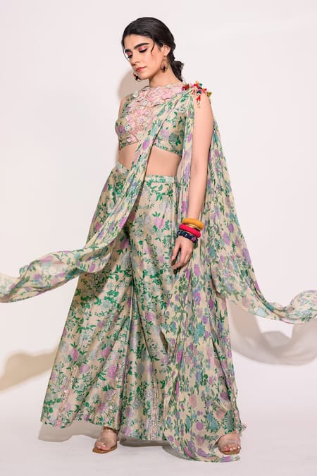 Aangan By Parul Green Silk Embroidery Round Neck Floral Print Crop Top Palazzo Set at Aza Fashions Aangan By Parul_Green Silk Embroidery Round Neck Floral Print Crop Top Palazzo Set _at_Aza_Fashions