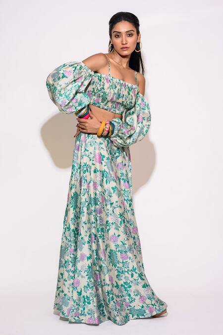 Buy Aangan By Parul Green Silk Embroidery Square Neck Floral Print Skirt And Blouse Set Online at Aza Fashions Buy_Aangan By Parul_Green Silk Embroidery Square Neck Floral Print Skirt And Blouse Set _Online_at_Aza_Fashions