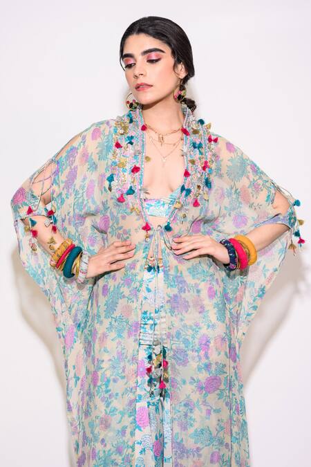 Aangan By Parul Blue Silk, Chiffon Tassels Scoop , Open Embellished Kaftan Palazzo Set Online at Aza Fashions Aangan By Parul_Blue Silk, Chiffon Tassels Scoop , Open Embellished Kaftan Palazzo Set _Online_at_Aza_Fashions