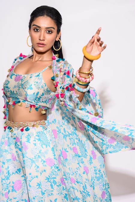 Aangan By Parul Blue Silk, Chiffon Tassels Scoop Neck, Open Floral Pattern Kaftan Palazzo Set Online at Aza Fashions Aangan By Parul_Blue Silk, Chiffon Tassels Scoop Neck, Open Floral Pattern Kaftan Palazzo Set _Online_at_Aza_Fashions