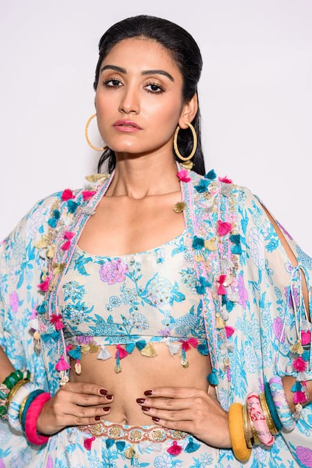 Buy Aangan By Parul Blue Silk, Chiffon Tassels Scoop Neck, Open Floral Pattern Kaftan Palazzo Set Online at Aza Fashions Buy_Aangan By Parul_Blue Silk, Chiffon Tassels Scoop Neck, Open Floral Pattern Kaftan Palazzo Set _Online_at_Aza_Fashions