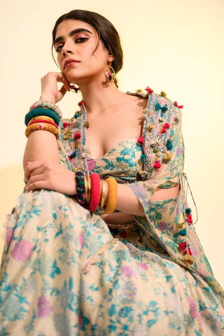 Aangan By Parul Blue Silk, Chiffon Tassels, Sequins Open Neck, Embellished Kaftan Skirt Set Online at Aza Fashions Aangan By Parul_Blue Silk, Chiffon Tassels, Sequins Open Neck, Embellished Kaftan Skirt Set _Online_at_Aza_Fashions