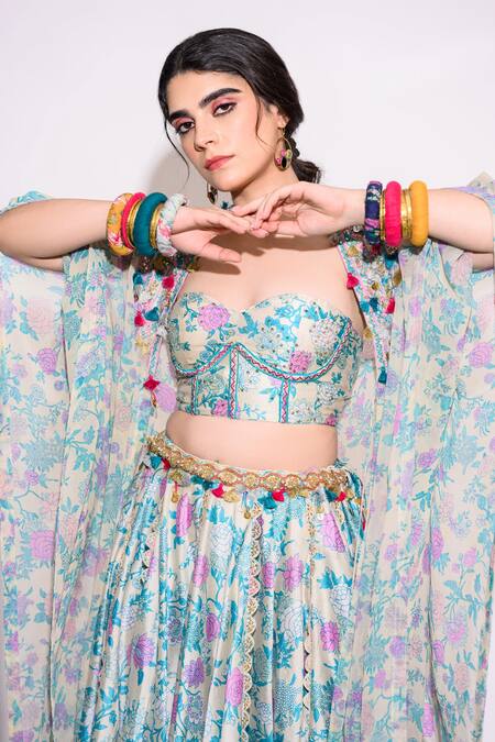 Buy Aangan By Parul Blue Silk, Chiffon Tassels, Sequins Open Neck, Embellished Kaftan Skirt Set Online at Aza Fashions Buy_Aangan By Parul_Blue Silk, Chiffon Tassels, Sequins Open Neck, Embellished Kaftan Skirt Set _Online_at_Aza_Fashions