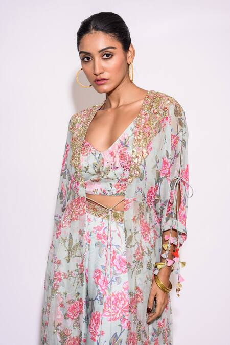 Shop Aangan By Parul Green Silk, Chiffon Sequins, Tassels Scoop Neck, Embellished Kaftan Palazzo Set Online at Aza Fashions Shop_Aangan By Parul_Green Silk, Chiffon Sequins, Tassels Scoop Neck, Embellished Kaftan Palazzo Set _Online_at_Aza_Fashions