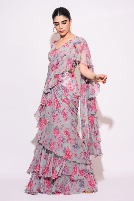 Buy_Aangan By Parul_Grey Chiffon Embroidery Plunge Neck Pre-draped Ruffle Saree With Blouse _Online_at_Aza_Fashions