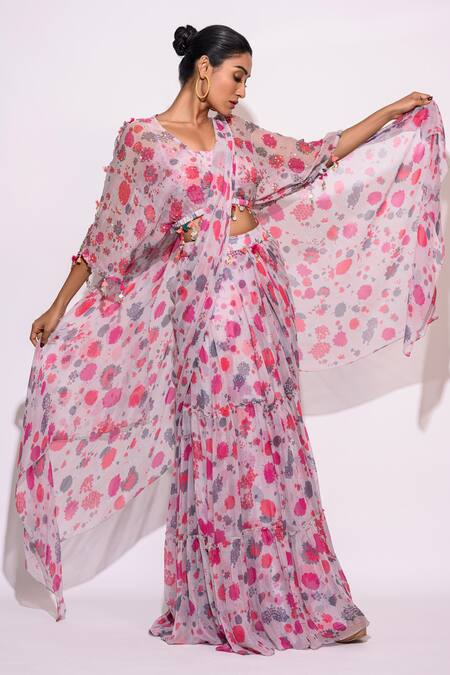 Buy_Aangan By Parul_Grey Chiffon Floral Pattern And Embellishment Pre-draped Saree Set  _Online_at_Aza_Fashions
