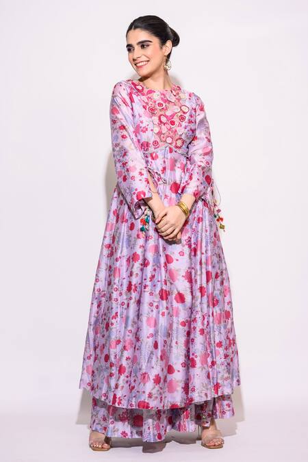 Aangan By Parul Purple Silk Tassels Round Neck Floral Embroidered Kurta And Sharara Set Online at Aza Fashions Aangan By Parul_Purple Silk Tassels Round Neck Floral Embroidered Kurta And Sharara Set _Online_at_Aza_Fashions