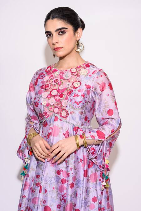 Buy Aangan By Parul Purple Silk Tassels Round Neck Floral Embroidered Kurta And Sharara Set Online at Aza Fashions Buy_Aangan By Parul_Purple Silk Tassels Round Neck Floral Embroidered Kurta And Sharara Set _Online_at_Aza_Fashions