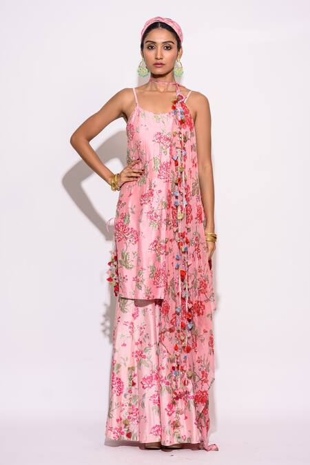 Buy_Aangan By Parul_Pink Silk, Chiffon Sequins, Tassels Scoop Neck Embroidered Kurta Sharara Set _Online_at_Aza_Fashions