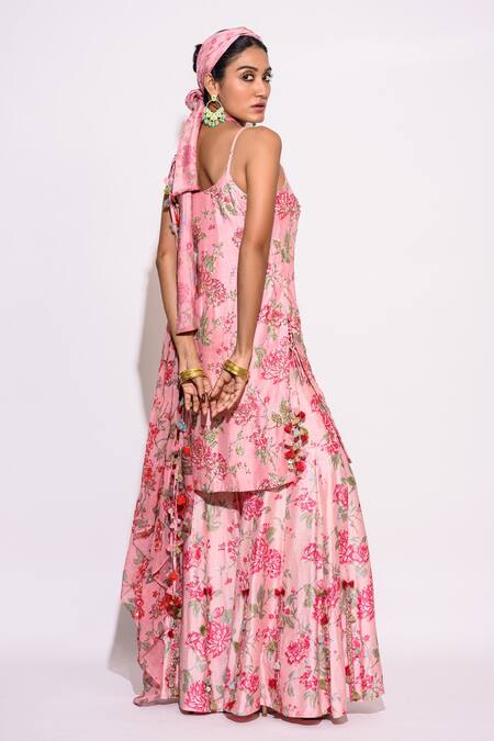 Shop_Aangan By Parul_Pink Silk, Chiffon Sequins, Tassels Scoop Neck Embroidered Kurta Sharara Set _Online_at_Aza_Fashions