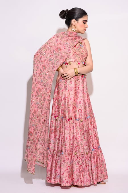 Aangan By Parul Pink Silk, Chiffon Sequins, Embroidery V-neck Floral Print Lehenga Set Online at Aza Fashions Aangan By Parul_Pink Silk, Chiffon Sequins, Embroidery V-neck Floral Print Lehenga Set _Online_at_Aza_Fashions