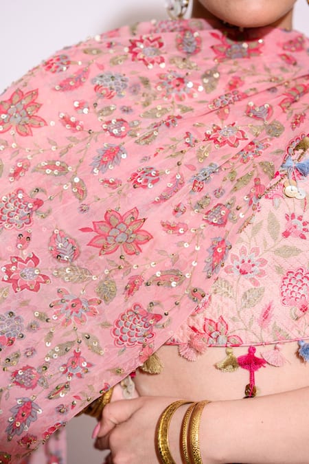 Buy Aangan By Parul Pink Silk, Chiffon Sequins, Embroidery V-neck Floral Print Lehenga Set Online at Aza Fashions Buy_Aangan By Parul_Pink Silk, Chiffon Sequins, Embroidery V-neck Floral Print Lehenga Set _Online_at_Aza_Fashions