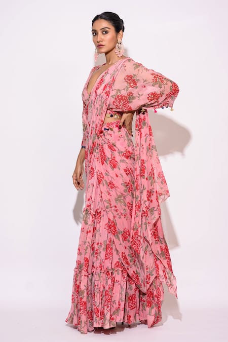 Aangan By Parul_Pink Chiffon Rhinestones, Sequins Floral Pattern Pre-draped Tiered Saree Set _Online_at_Aza_Fashions