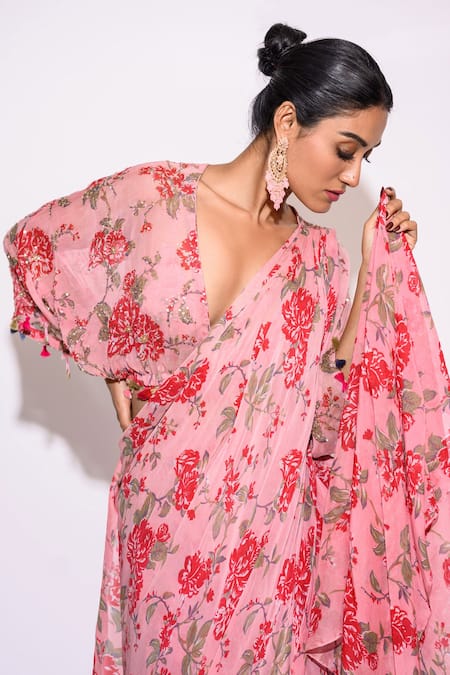 Buy_Aangan By Parul_Pink Chiffon Rhinestones, Sequins Floral Pattern Pre-draped Tiered Saree Set _Online_at_Aza_Fashions