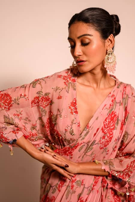 Shop_Aangan By Parul_Pink Chiffon Rhinestones, Sequins Floral Pattern Pre-draped Tiered Saree Set _Online_at_Aza_Fashions